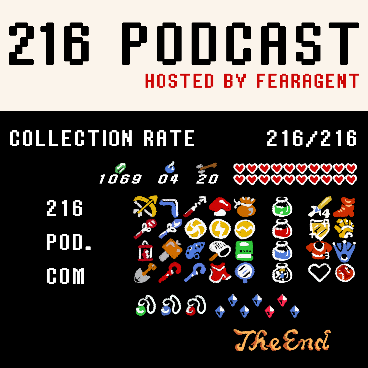 216 Podcast season art with pixel game icons and collection rate 216 out of 216